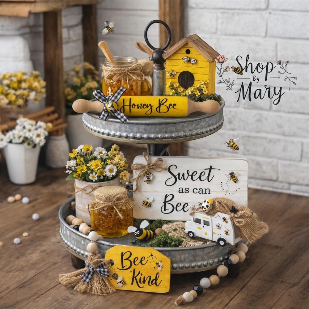 Handmade Mini Rolling Pin, Farmhouse Tiered Tray Decor, Honey Bee Accent